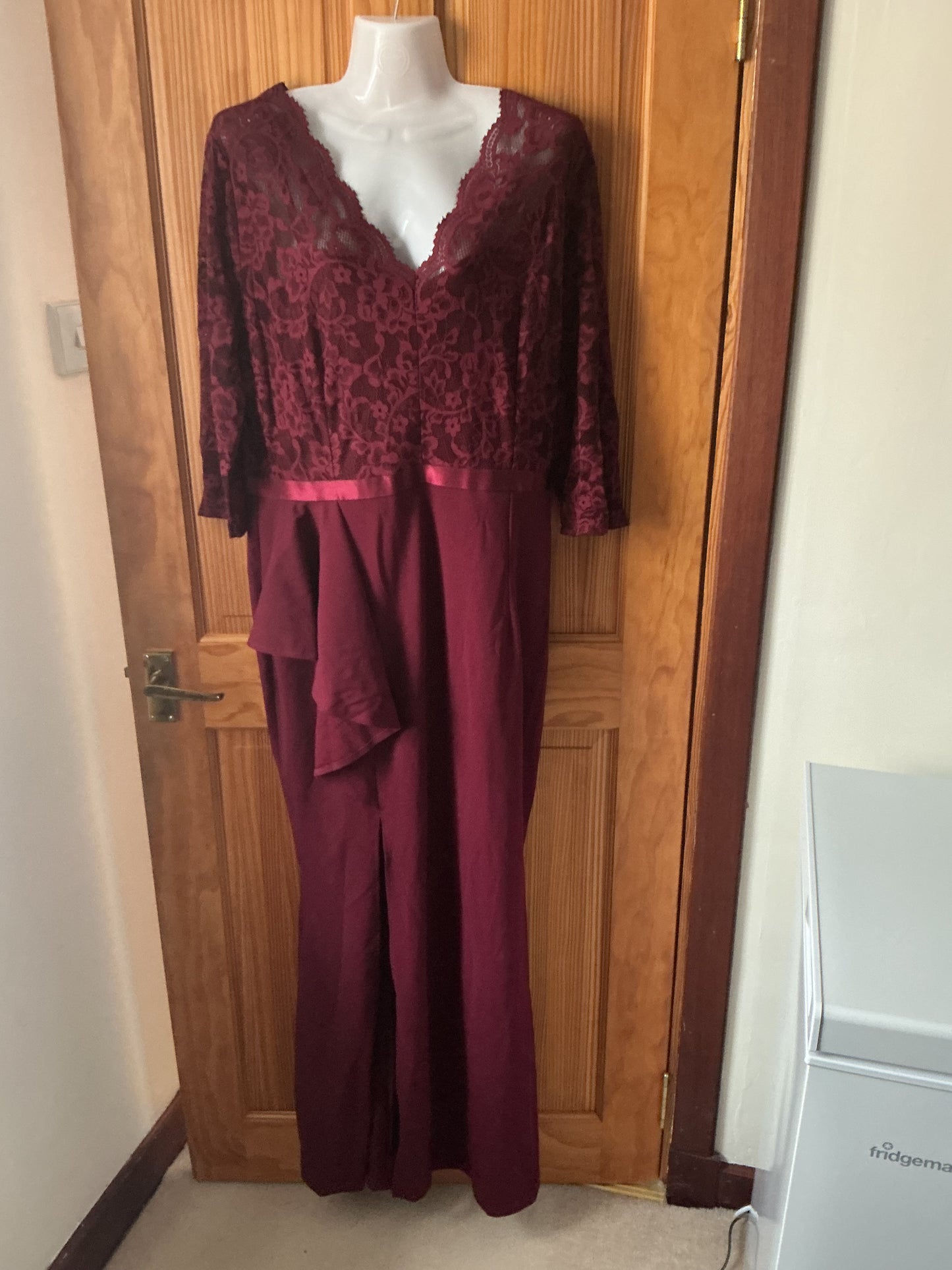 Women's Long Evening Dress Floral Lace Ruffle 3/4 Sleeves – Burgundy XL