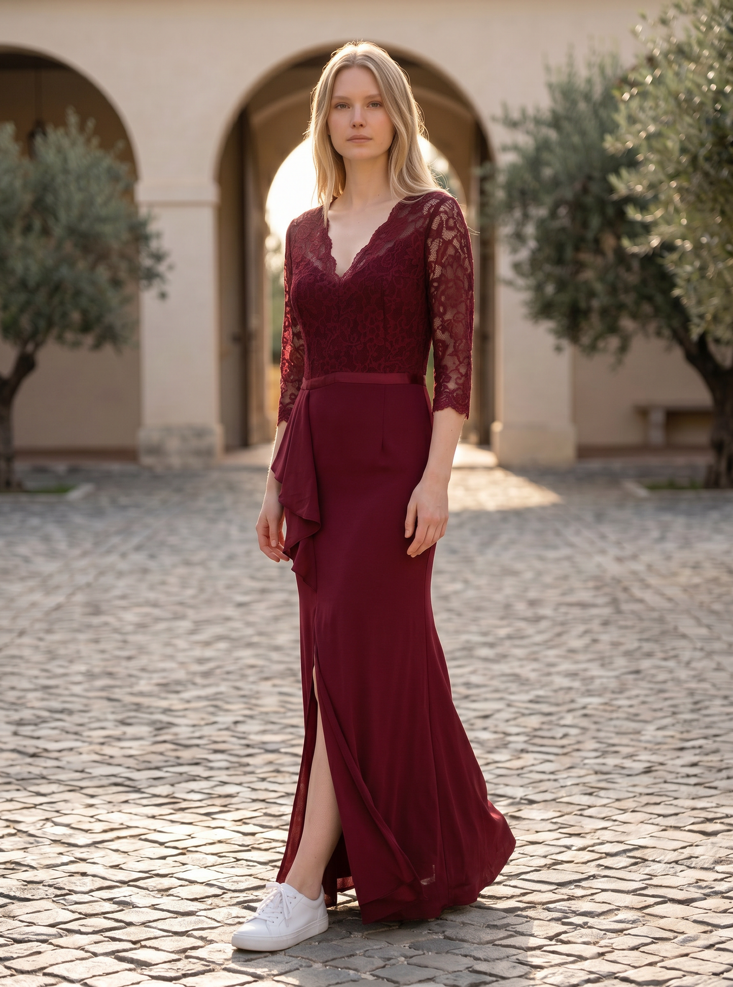 MISSMAY Women's Vintage Floral Lace Ruffle Evening Dress – Burgundy Large