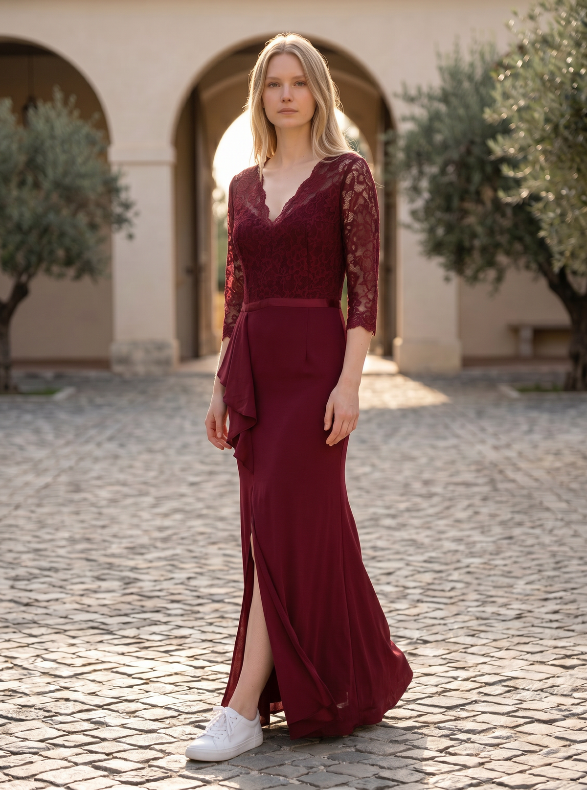 MISSMAY Women's Vintage Floral Lace Ruffle Evening Dress – Burgundy Large