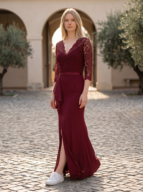 MISSMAY Women's Vintage Floral Lace Ruffle Evening Dress – Burgundy Large