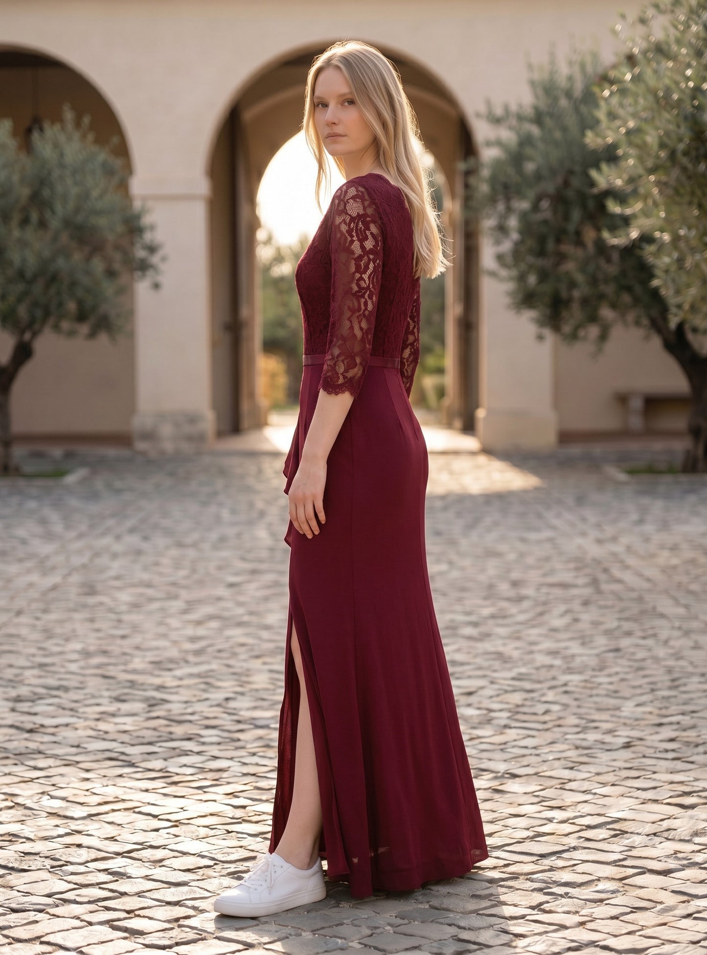 MISSMAY Women's Vintage Floral Lace Ruffle Evening Dress – Burgundy Large