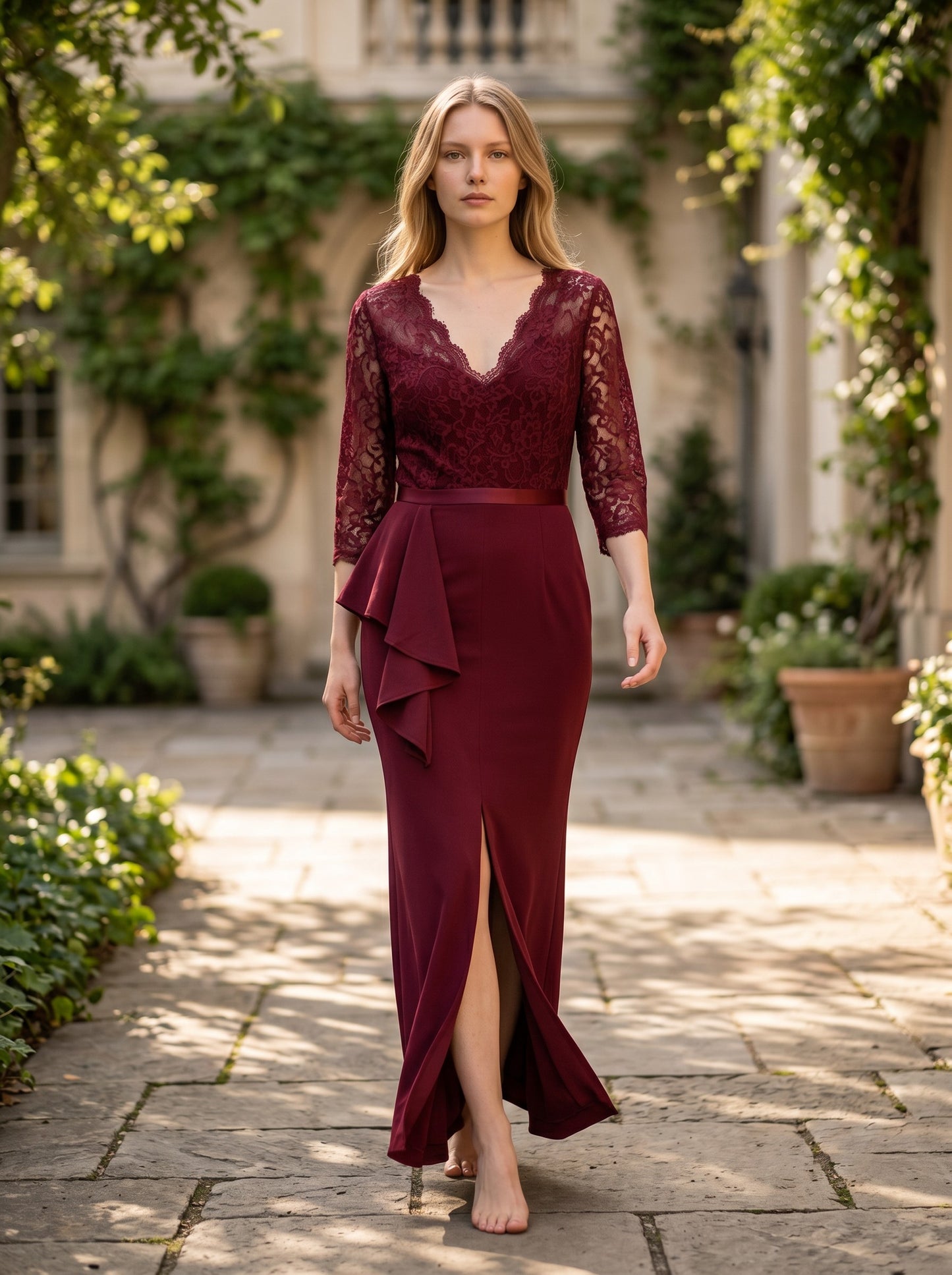 Women's Long Evening Dress Floral Lace Ruffle 3/4 Sleeves – Burgundy XL