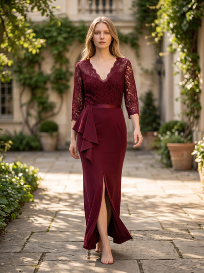 Women's Long Evening Dress Floral Lace Ruffle 3/4 Sleeves – Burgundy XL