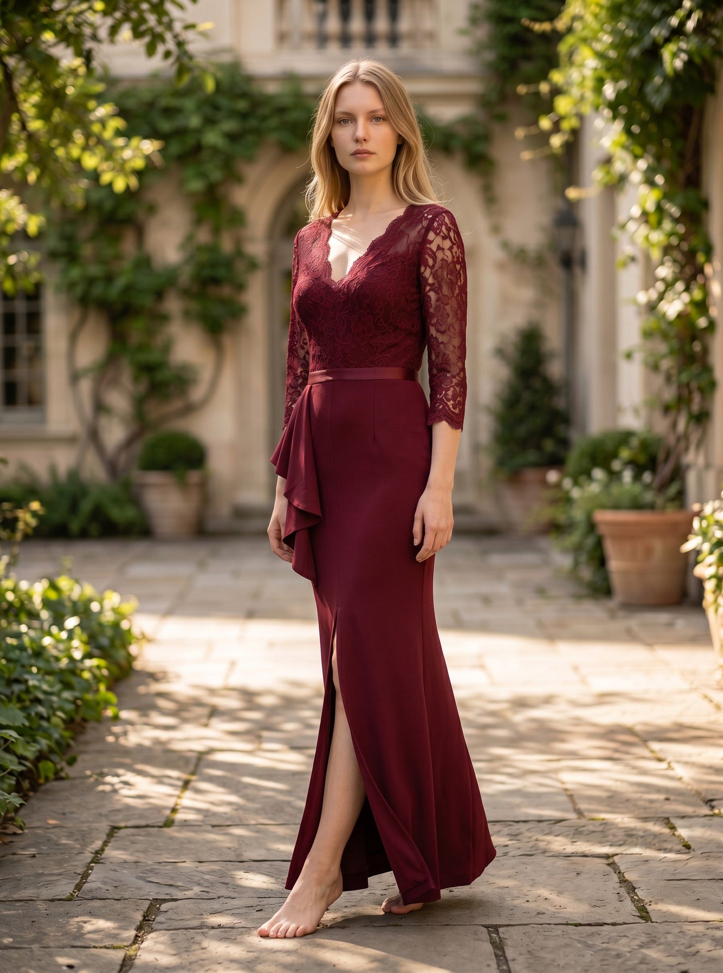 Women's Long Evening Dress Floral Lace Ruffle 3/4 Sleeves – Burgundy XL