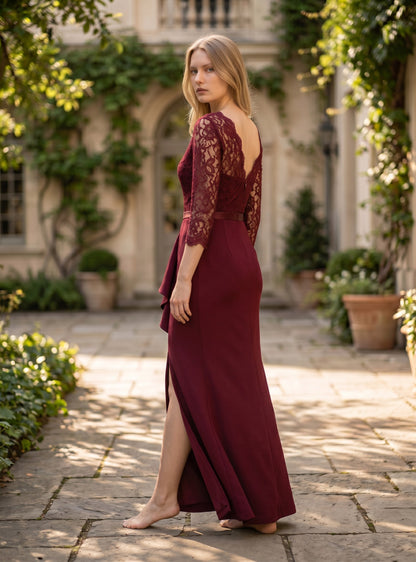 Women's Long Evening Dress Floral Lace Ruffle 3/4 Sleeves – Burgundy XL