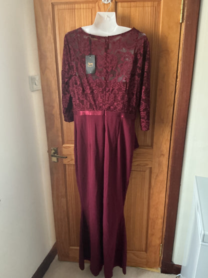 Women's Long Evening Dress Floral Lace Ruffle 3/4 Sleeves – Burgundy XL