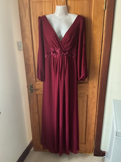 Bridesmaid Dress A-Line Deep V-Neck Appliques Pleated Long Sleeve – Burgundy 14UK