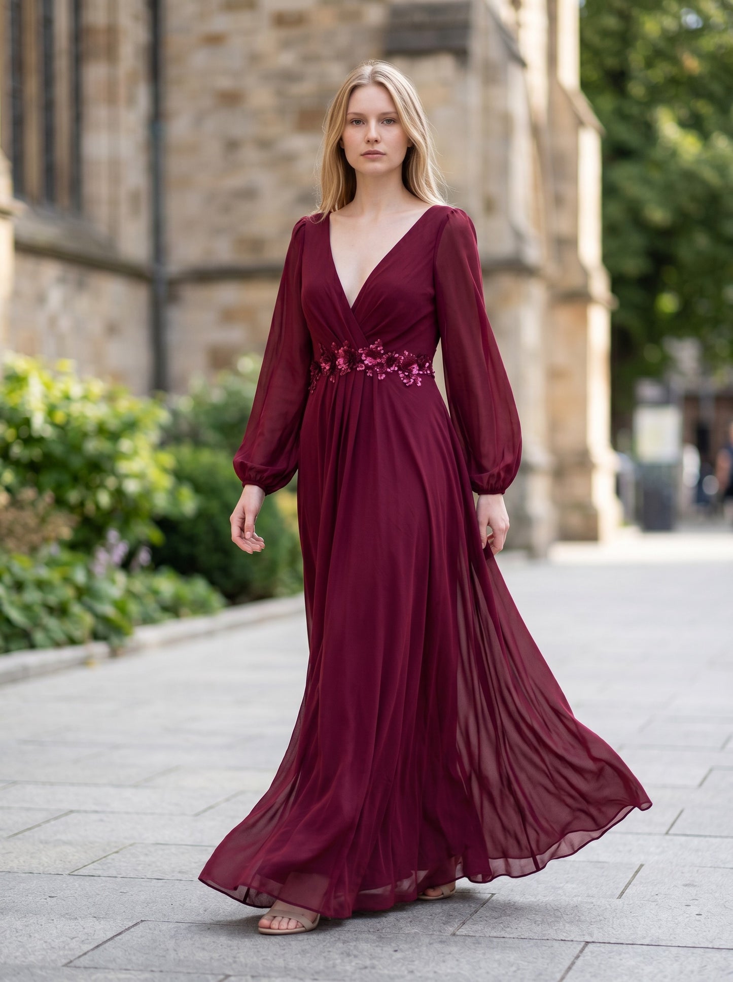Bridesmaid Dress A-Line Deep V-Neck Appliques Pleated Long Sleeve – Burgundy 14UK
