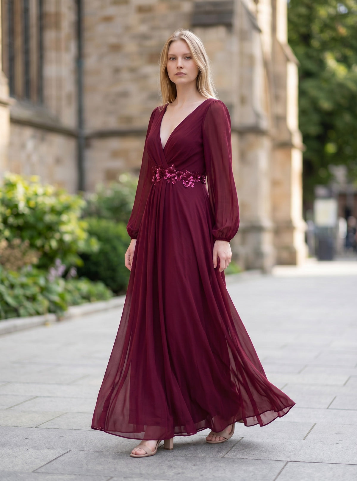 Bridesmaid Dress A-Line Deep V-Neck Appliques Pleated Long Sleeve – Burgundy 14UK