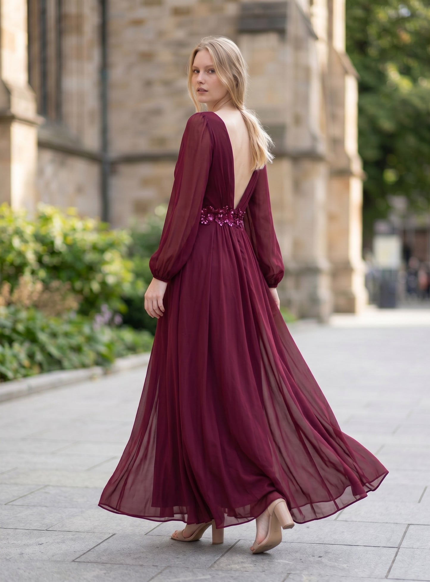 Bridesmaid Dress A-Line Deep V-Neck Appliques Pleated Long Sleeve – Burgundy 14UK