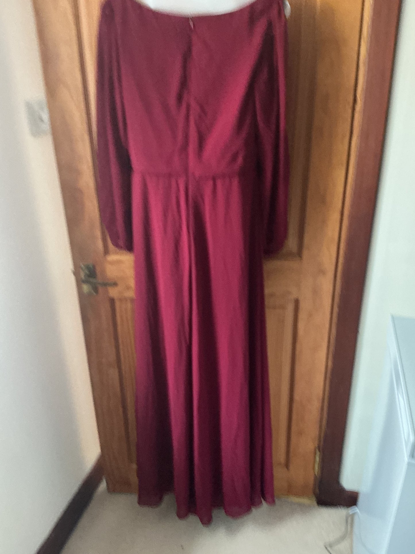 Bridesmaid Dress A-Line Deep V-Neck Appliques Pleated Long Sleeve – Burgundy 14UK