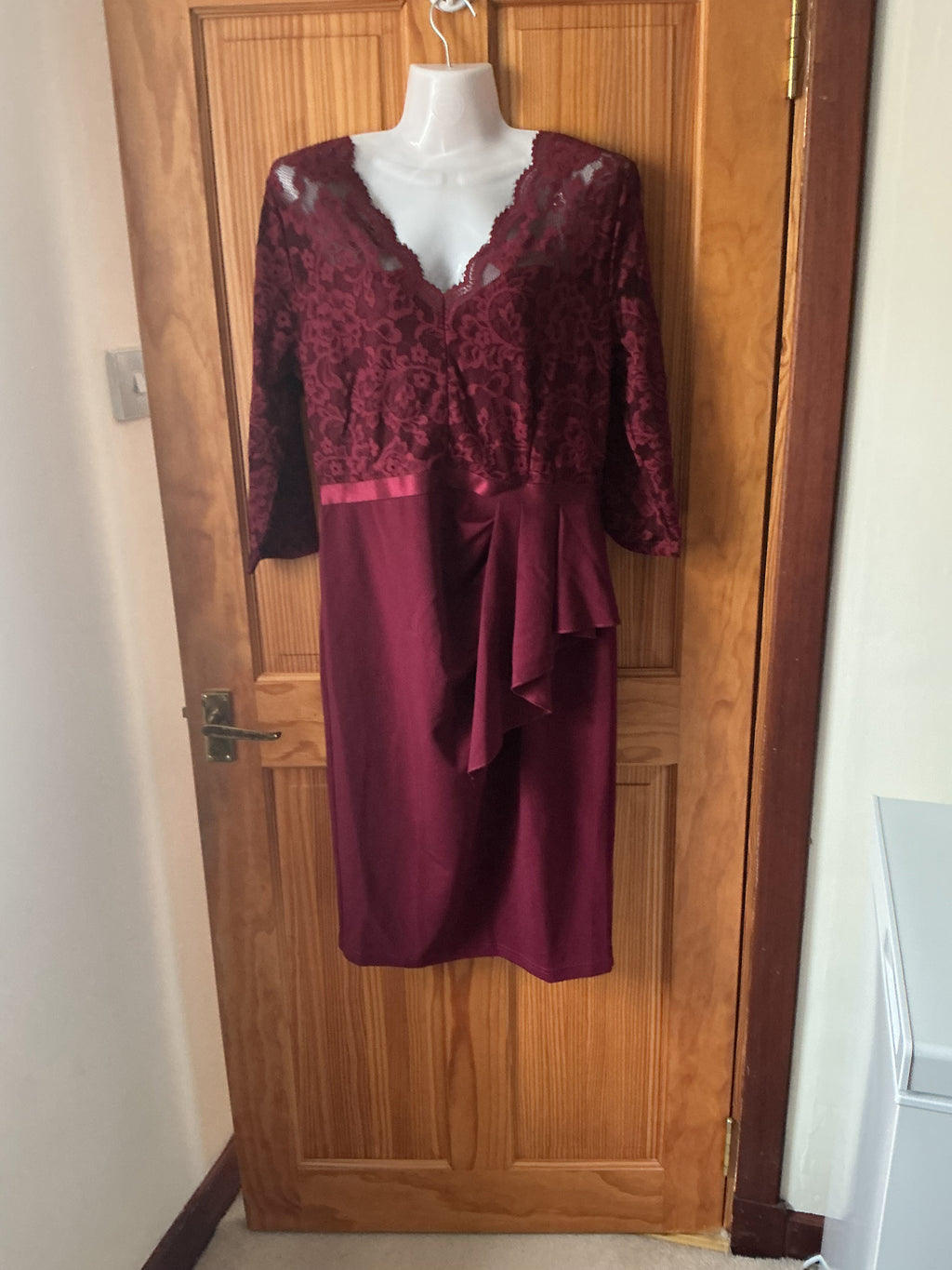 Women's Vintage Lace V-Neck 3/4 Sleeve Bodycon Cocktail Dress Formal Wedding Guest – Wine L