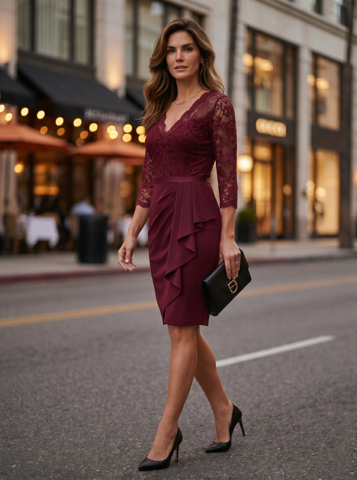 Women's Vintage Lace V-Neck 3/4 Sleeve Bodycon Cocktail Dress Formal Wedding Guest – Wine L
