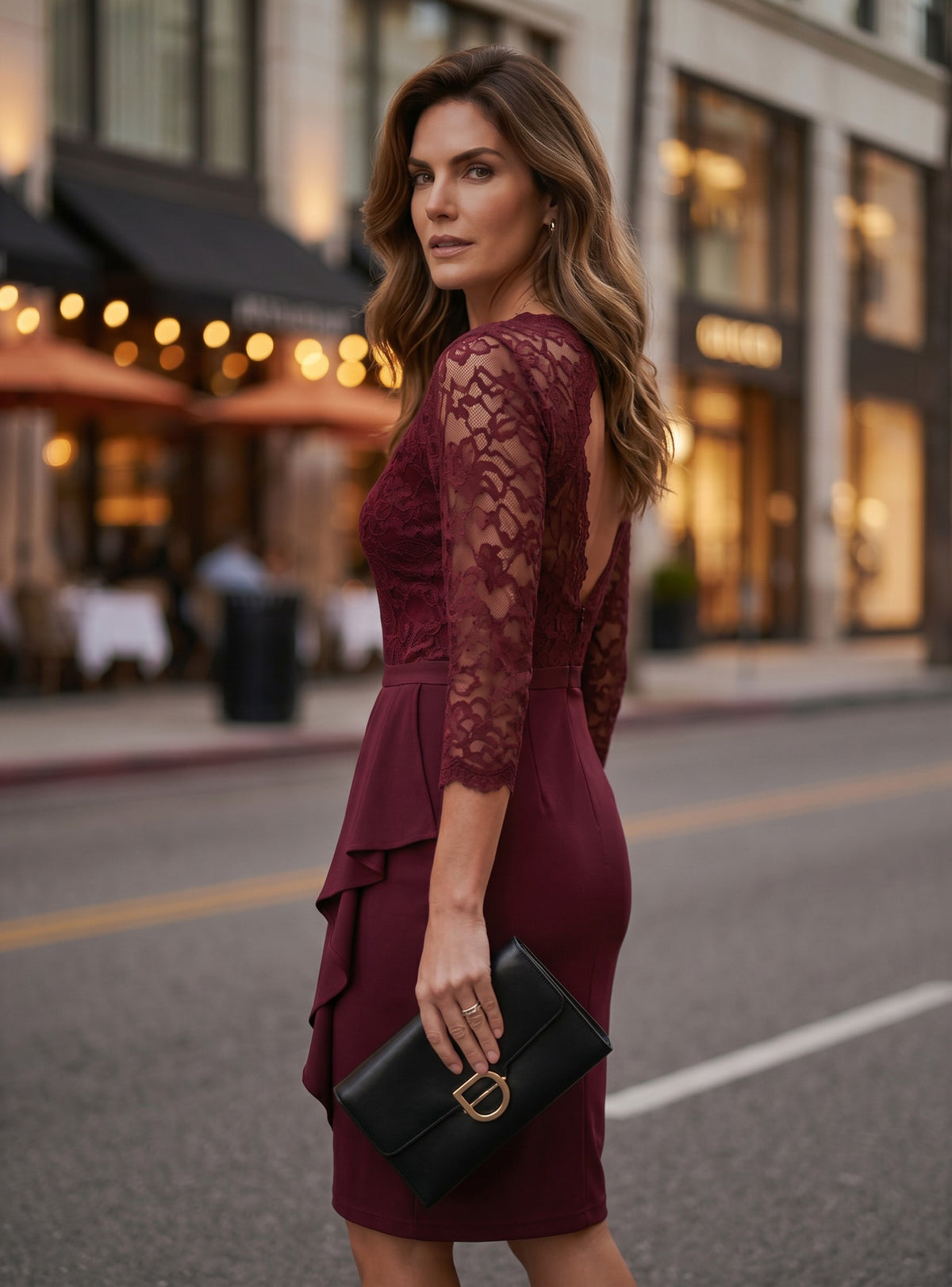 Women's Vintage Lace V-Neck 3/4 Sleeve Bodycon Cocktail Dress Formal Wedding Guest – Wine L