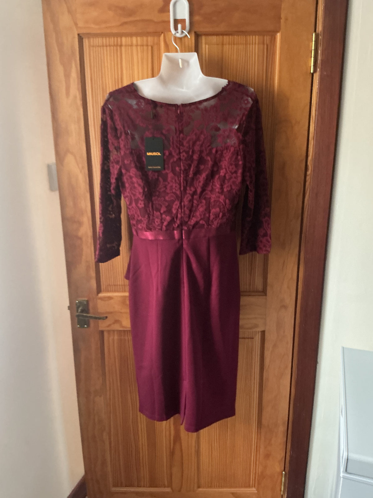 Women's Vintage Lace V-Neck 3/4 Sleeve Bodycon Cocktail Dress Formal Wedding Guest – Wine L