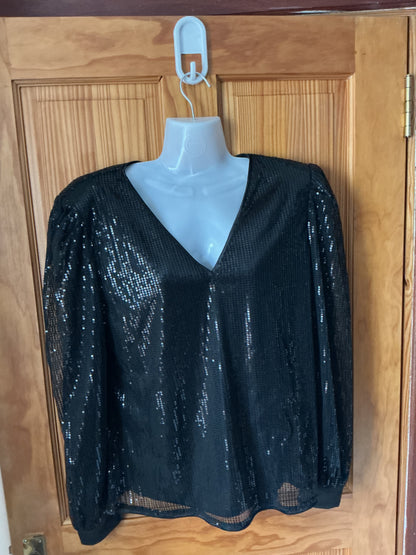 Allegra K Sequin Blouse V Neck Party Metallic Sparkly – Black L