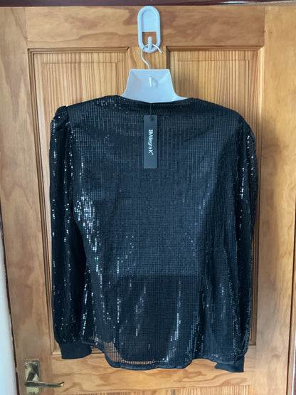 Allegra K Sequin Blouse V Neck Party Metallic Sparkly – Black L