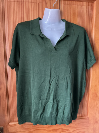 Women’s Short Sleeve V-Neck Polo Knit Jumper – Dark Green XXL