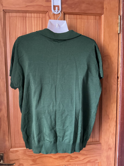 Women’s Short Sleeve V-Neck Polo Knit Jumper – Dark Green XXL