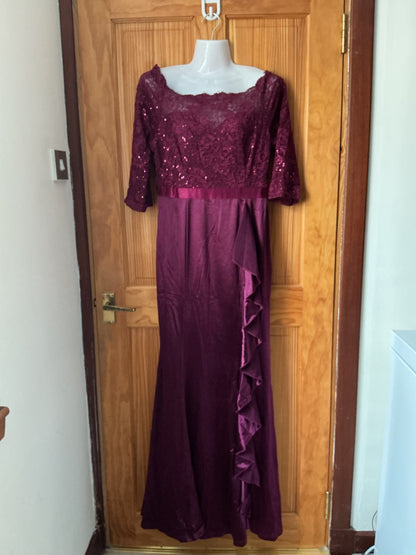Women's 3/4-Sleeve Lace Sequin Ruffle Fishtail Maxi Dress – Maroon L