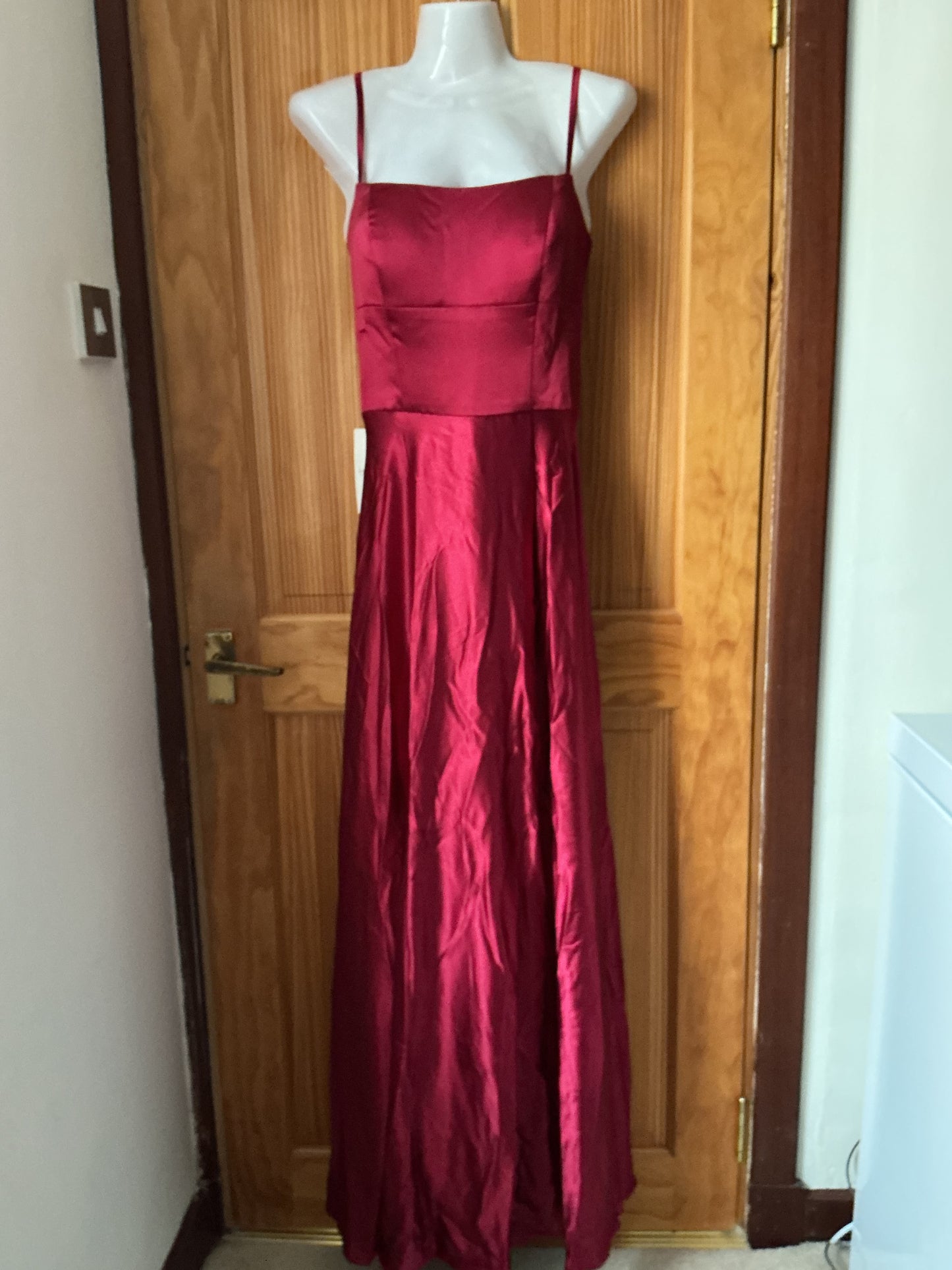 Satin Spaghetti Strap Prom Dress – Burgundy Size 14