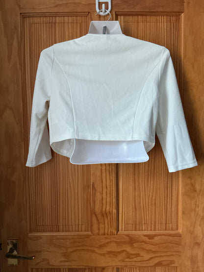 Women's Pleated Shrug Top Collarless 3/4 Sleeve Open Front Crop – White XS