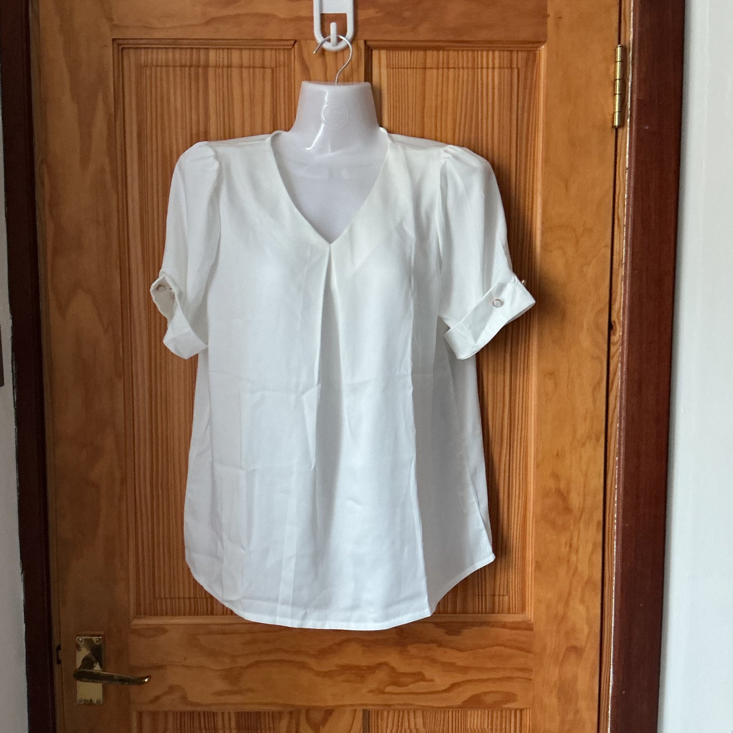 Allegra K Women's Satin Blouse V-Neck Short Sleeve Dressy Work Shirt – White M