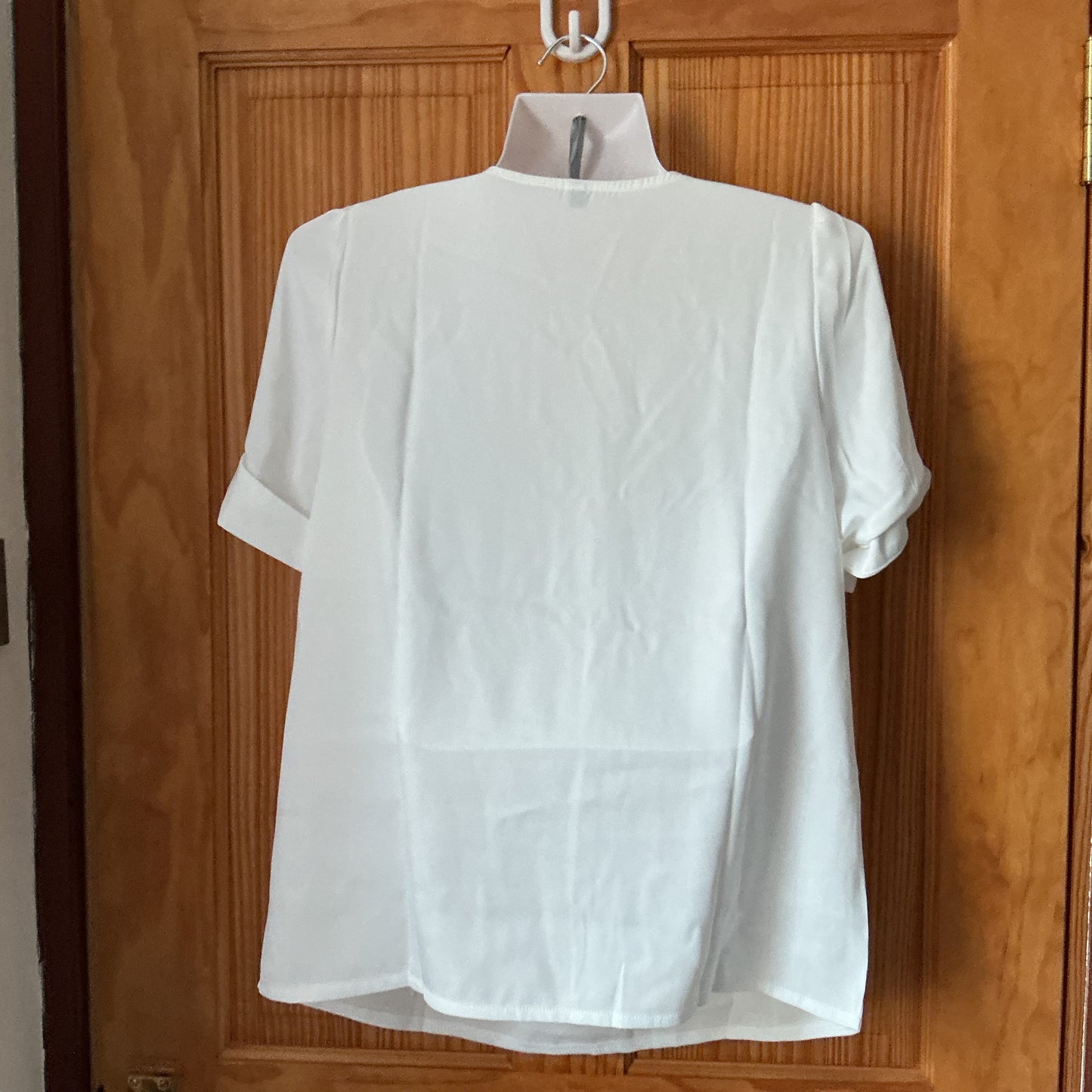 Allegra K Women's Satin Blouse V-Neck Short Sleeve Dressy Work Shirt – White M