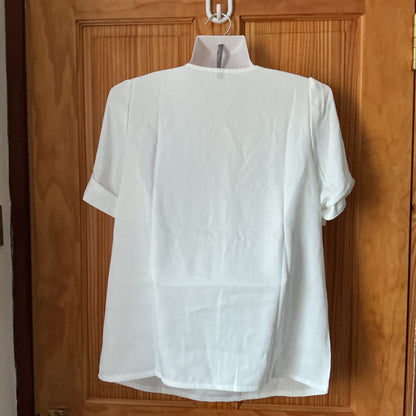 Allegra K Women's Satin Blouse V-Neck Short Sleeve Dressy Work Shirt – White M