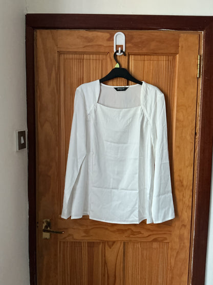 Women's Square Neck Top Casual Solid Long Sleeve Satin Blouse – White S
