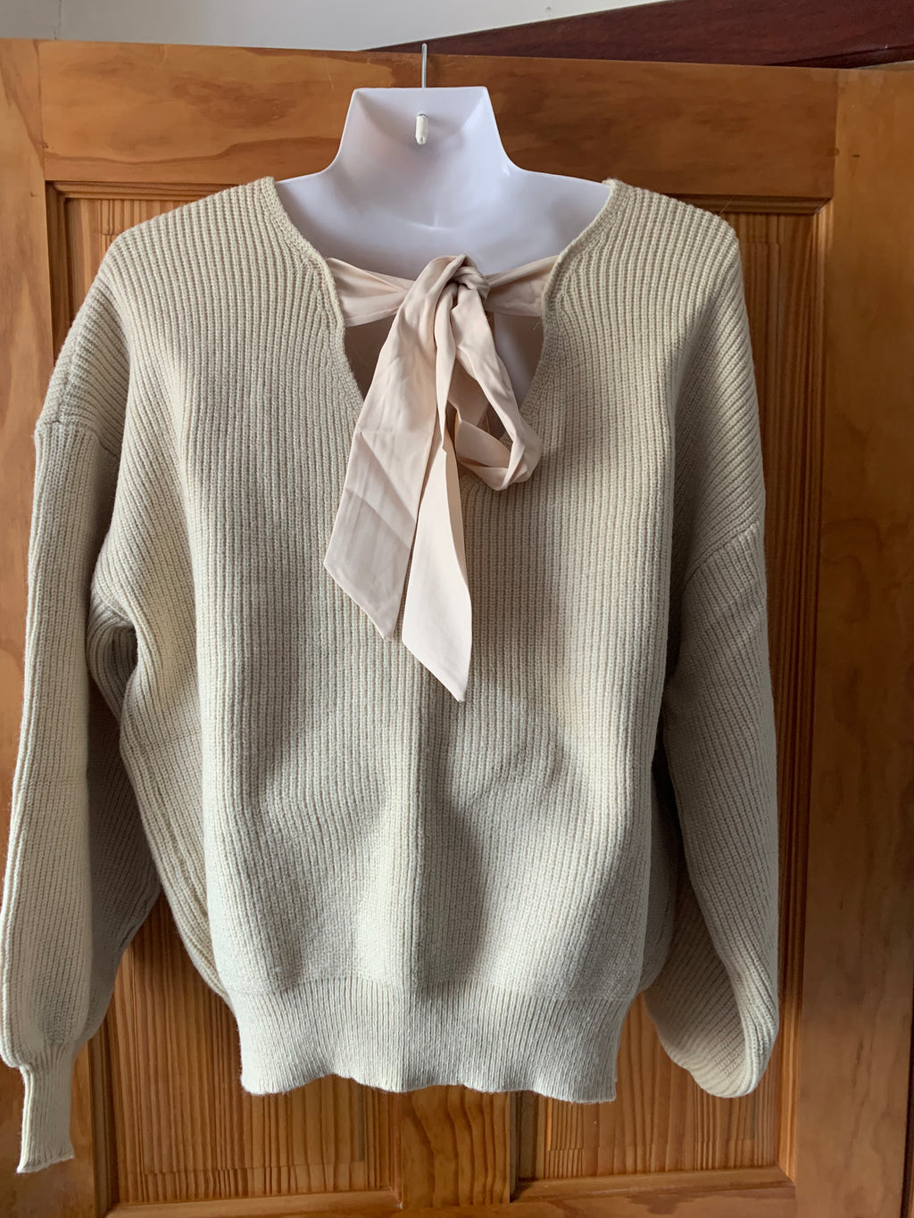 Women's Bow Knot Tie Back Jumper Deep V Neck Long Sleeve Pullover – Apricot L