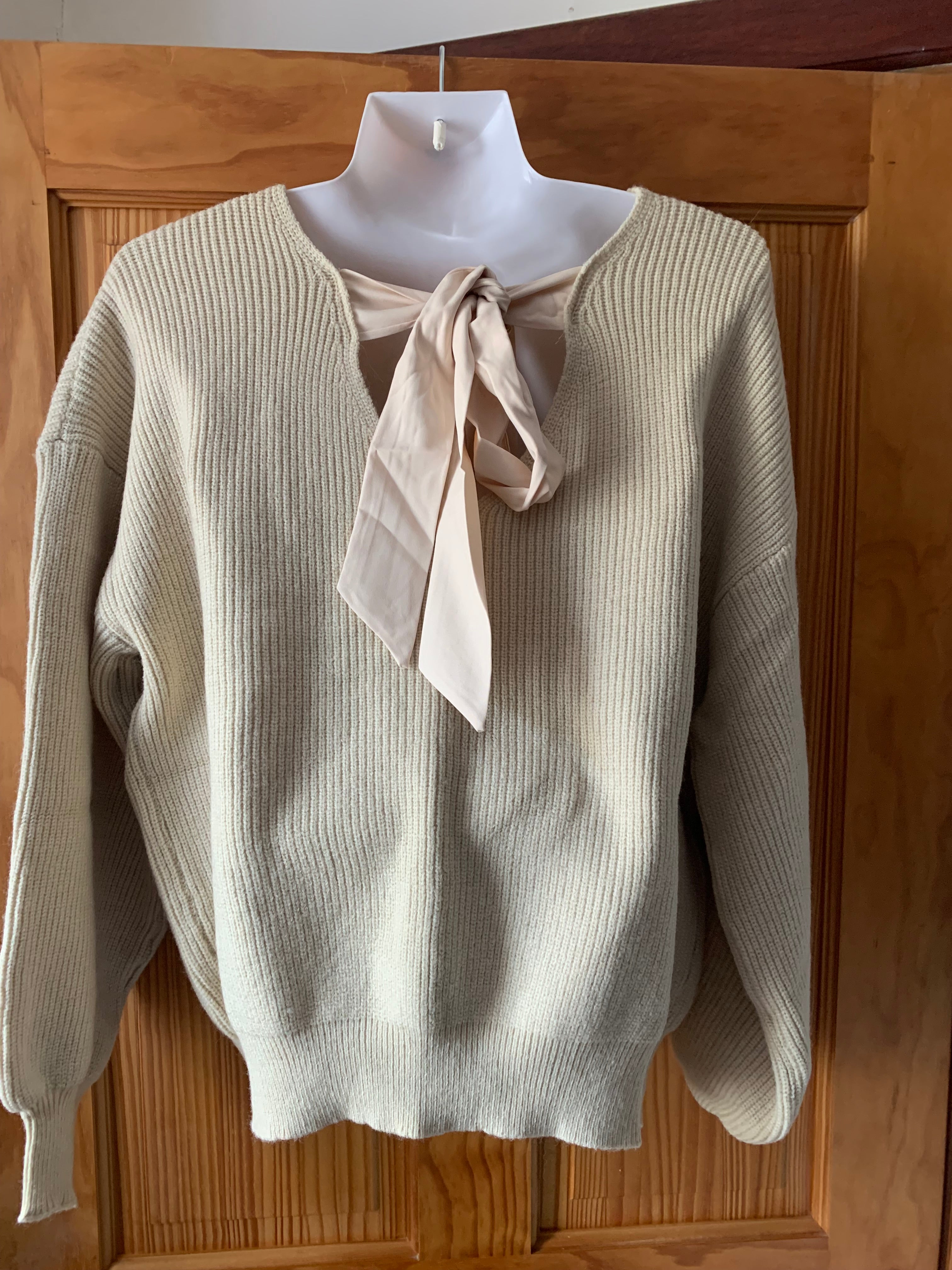 Women's Bow Knot Tie Back Jumper Deep V Neck Long Sleeve Pullover – Apricot L
