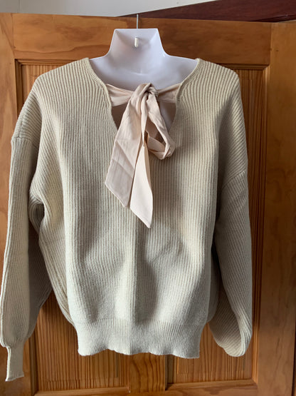 Women's Bow Knot Tie Back Jumper Deep V Neck Long Sleeve Pullover – Apricot L