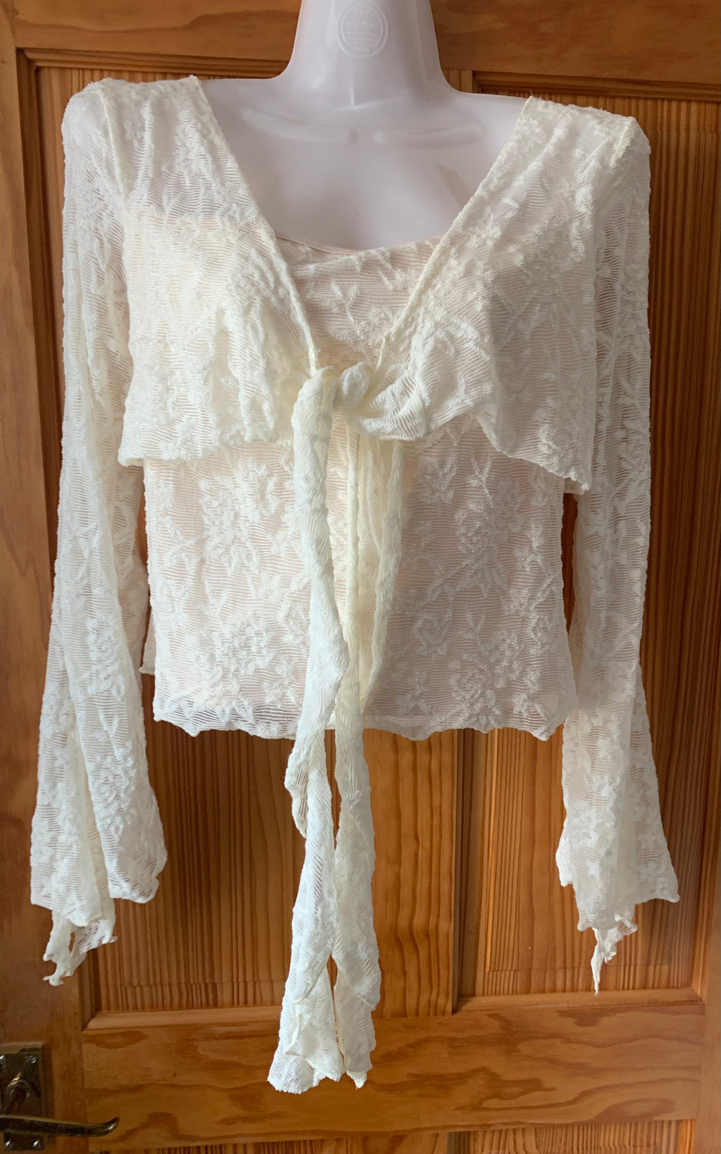 GORGLITTER Women's V Neck Tie Front Bell Sleeve T-Shirt Lace Sheer 2 in 1 Top – Apricot Medium