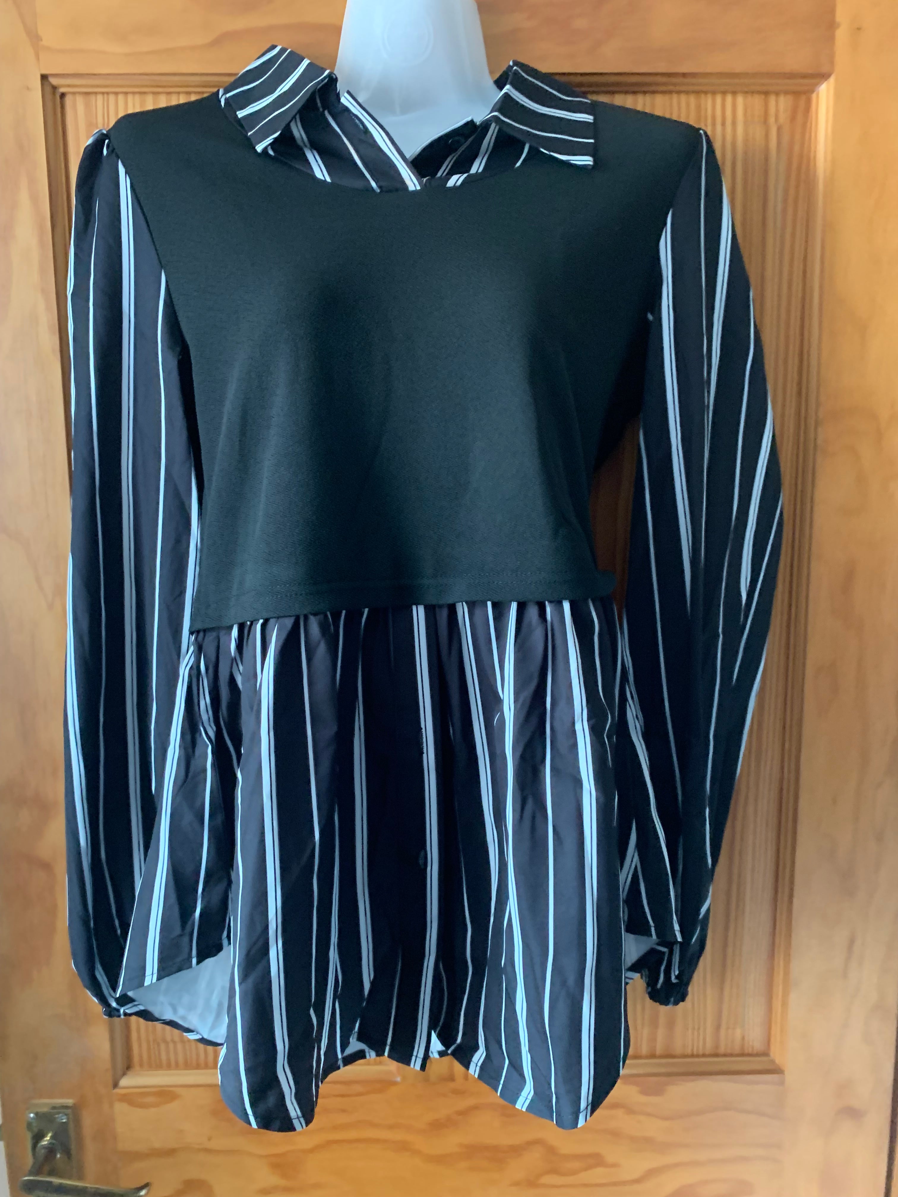 Women's Striped Long Sleeve Blouse Button Front Collared 2-in-1 Flared Shirt – Black/White M