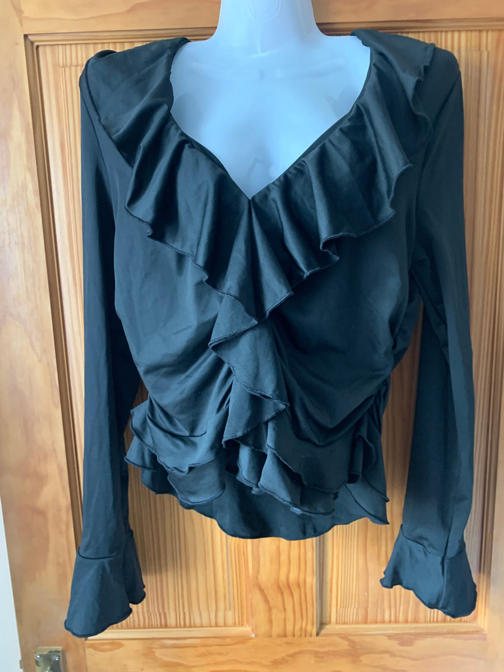 Women's Deep V Neck Ruffle Trim Long Sleeve Tops Ruched – Black XL