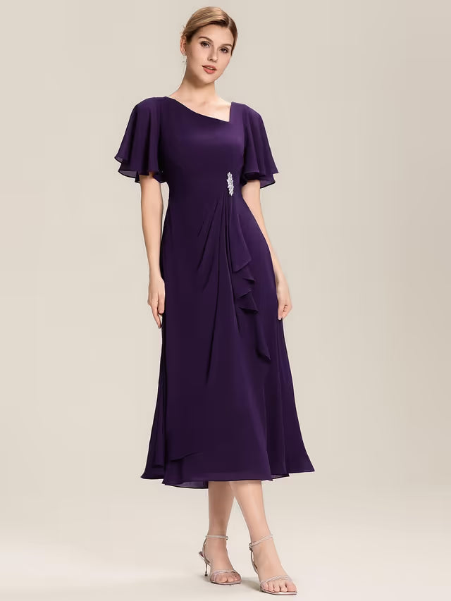Ever-Pretty Mother-of-the-Bride Maxi Dress Asymmetrical Neck Ruffle Hem – Dark Purple 8UK