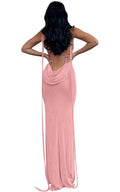 Women's Backless Maxi Dress Spaghetti Cowl Neck Tie Open Back – Pink M