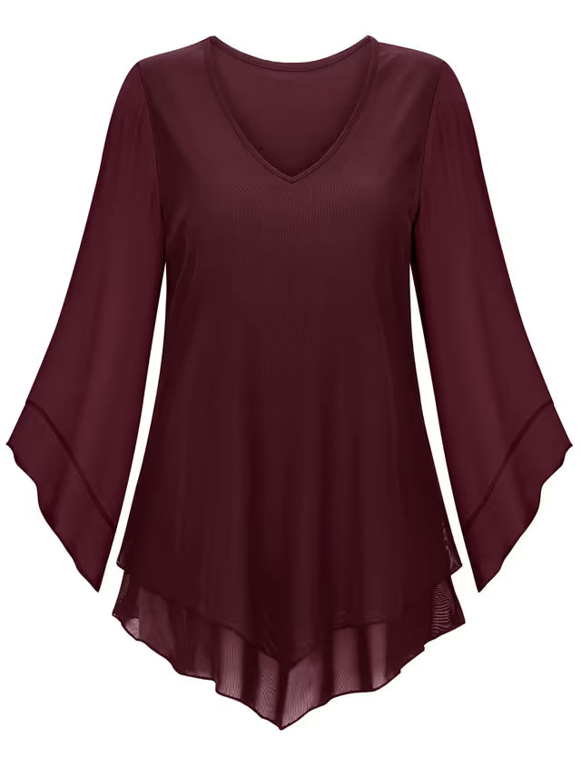 Gemulate Ladies Chiffon Top Ruffle 3/4 Sleeve Blouse – Dark Red M