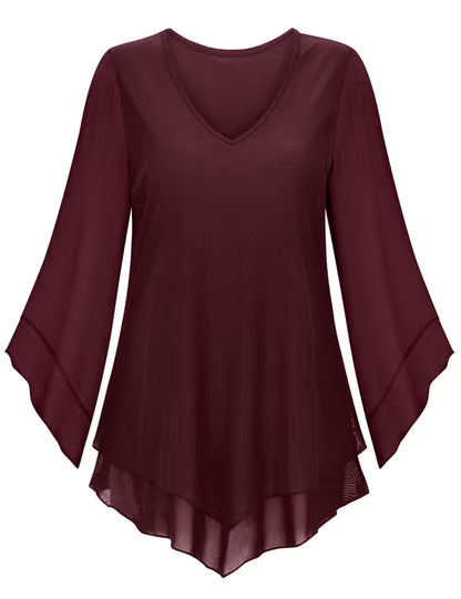 Gemulate Ladies Chiffon Top Ruffle 3/4 Sleeve Blouse – Dark Red M