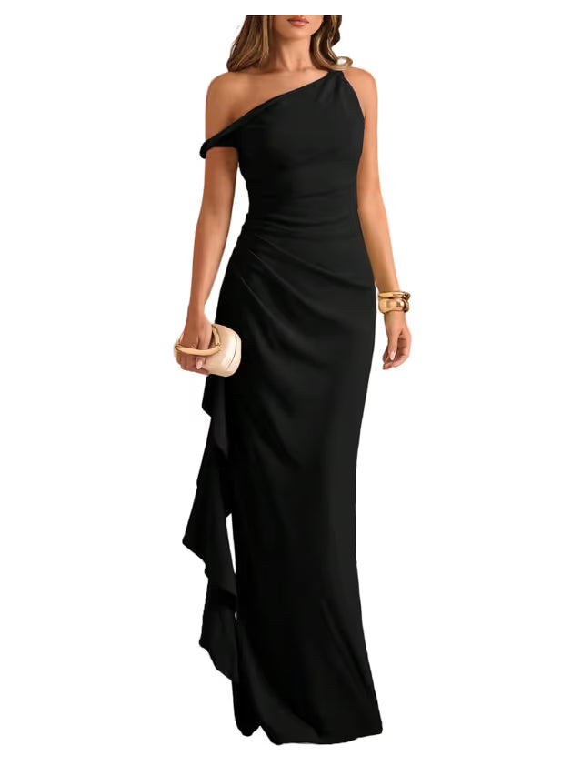 Evening Maxi Dress Off‑Shoulder Twist Strap Ruffled Slit – Black Medium