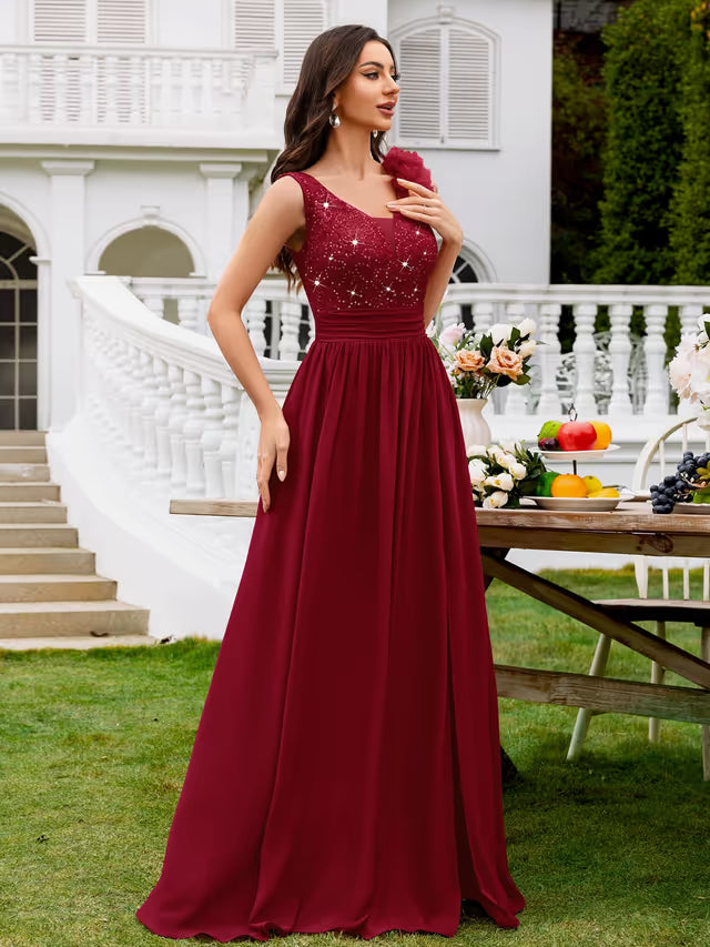 Womens Vintage V-Neck Sequined Maxi Dress – Red L