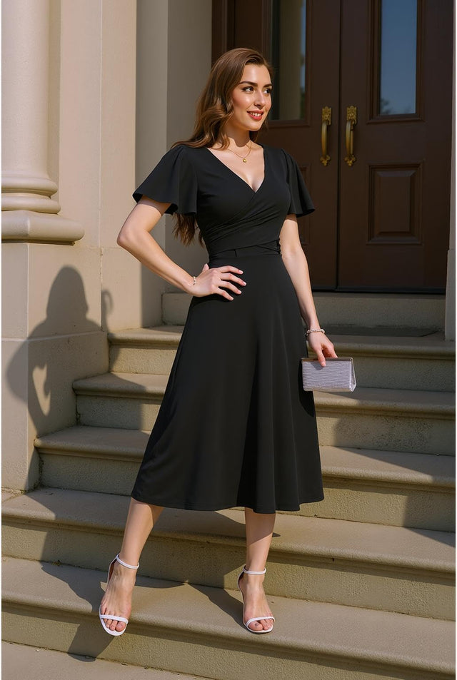 Midi Wrap Dress Women's Size X-Large Black Surplice Neckline Short Sleeves