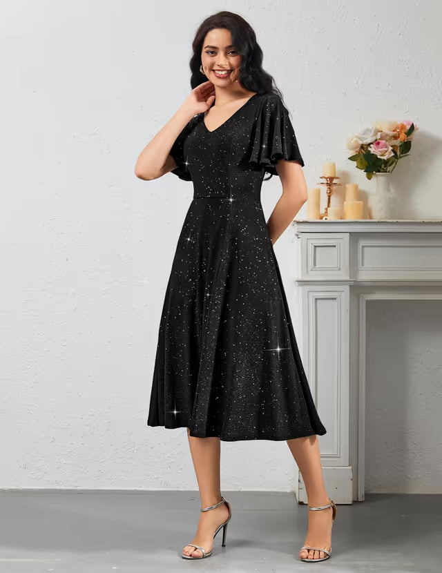 Bridesmay Sequin Midi Cocktail Dress Sparkly Party Bridesmaid – Black 2XL