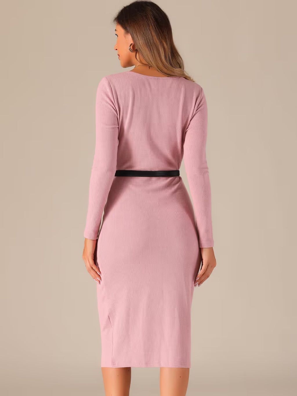 Allegra K Midi Sweater Dress Women Size XL Pink Square Neck Long Sleeves Bodycon