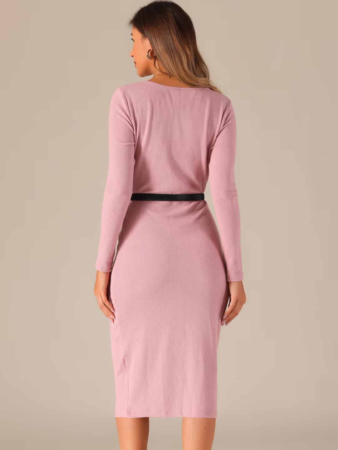 Allegra K Midi Sweater Dress Women Size XL Pink Square Neck Long Sleeves Bodycon