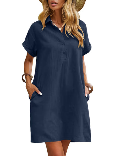 Zeagoo Womens Summer Dresses Casual Short Sleeve Midi Shift Cotton Linen Sundress with Pockets Navy Blue XXL