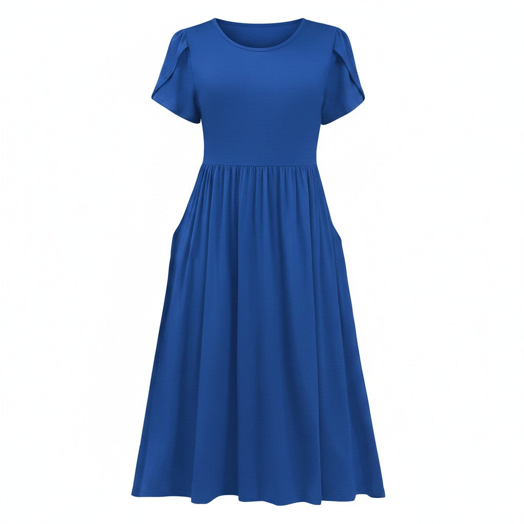Women’s A-Line Summer Dress Short Sleeve Round Neck – Blue M