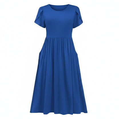 Women’s A-Line Summer Dress Short Sleeve Round Neck – Blue M