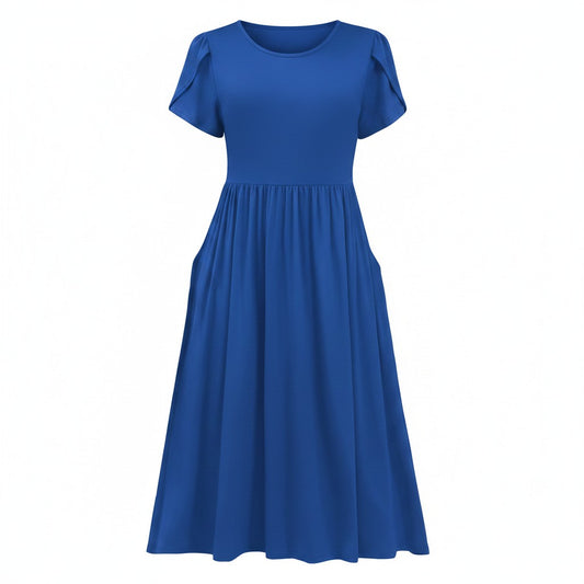 Women’s A-Line Summer Dress Short Sleeve Round Neck – Blue M